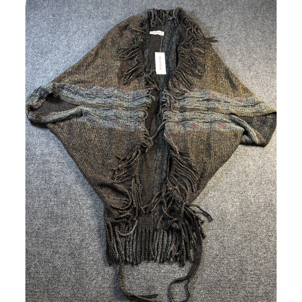 Ana & Rose Poncho Women OS Dark Grey Metallic Fringe Knit Wrap New PSY21-38 Boho